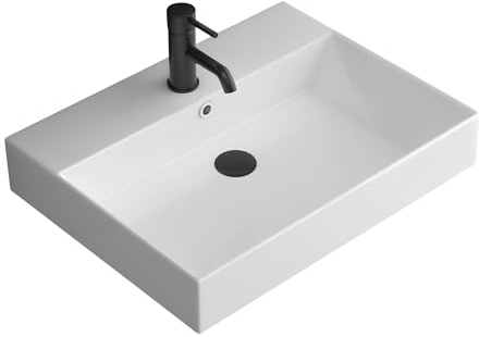 Alpenberger Aufsatzwaschbecken 60 cm Breit für Badezimmer | Keramik Handwaschbecken mit Überlauf | Waschtisch als Aufsatzwaschbecken oder Wandaufhängung | Waschbecken Klein & Eckig für Gäste WC