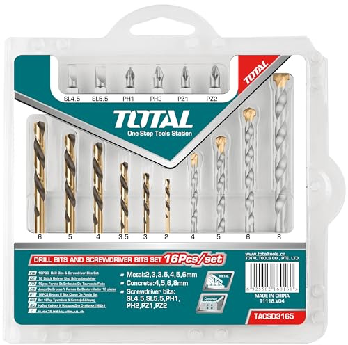 TOTAL - Juego de 16 Brocas - Para Metal y Pared - Puntas de Atornillar, Planas, Phillips y Pozidrive - Precisión y Durabilidad - Resistente al Paso del Tiempo