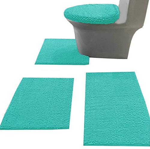 Madeals Chenille Badteppich Set mit WC-Deckelbezug und U-förmigem WC-Vorleger Türkis