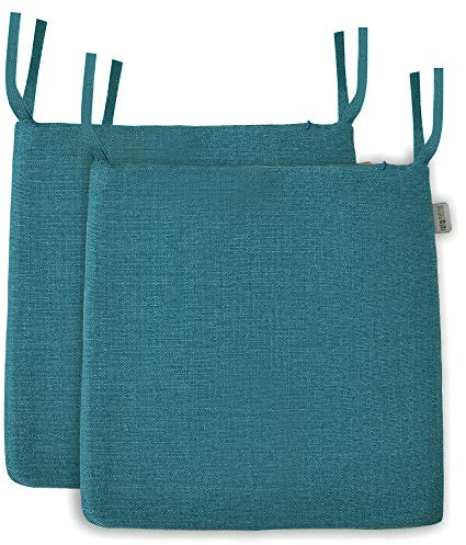 2er Set Stuhlkissen in Dunkelgrün mit Bindebändern in Leinenoptik | BALCONY & FALCON trapezförmige Sitzkissen, 38–42 cm große, wasserabweisend, Sitzpolster und Auflage, Indoor und Outdoor