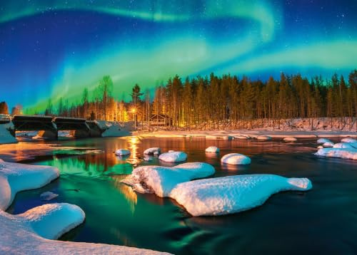 Ulmer Puzzleschmiede - Puzzle „Einsame Lichter“ - 2000 Teile Puzzle – Winterliche skandinavische Landschaft in der Nacht - Polarlichter über Einer einsamen Hütte am Rande der Arktis