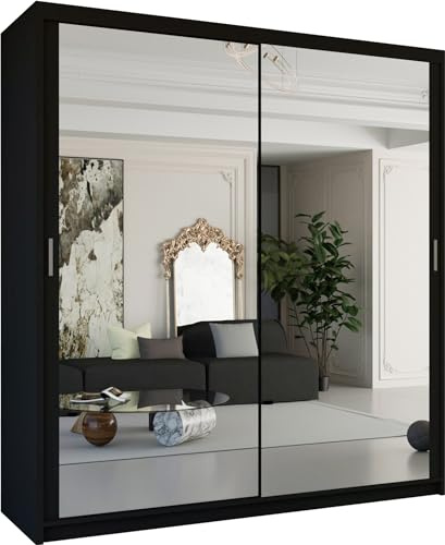 MN Furniture Modern Double Sliding Door Wardrobe 2 Mirrored Hanging Rails & Shelves Storage Cabinet for Bedroom (203cm, Houston Black)