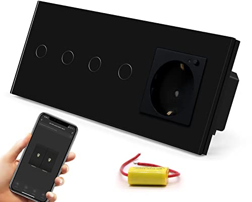 BSEED Schuko WLAN Steckdose mit Single Live Wifi Touch Schalter Wandsteckdose Unterputz Senkrecht aus Glas mit Doppelt Smart Alexa Lichtschalter(Kein Neutralleiter Erforderlich) 2 Fach 1 Weg Schwarz