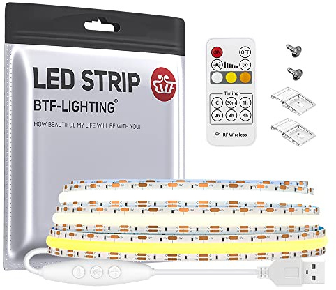 BTF-LIGHTING FCOB COB CCT USB LED Streifen Kit 1M 640LEDs Weiß PCB 5V IP30 | LED Strip mit RF-Fernbedienung und 2pc Befestigungsclips und Schrauben für Küche, Schlafzimmer, Treppen