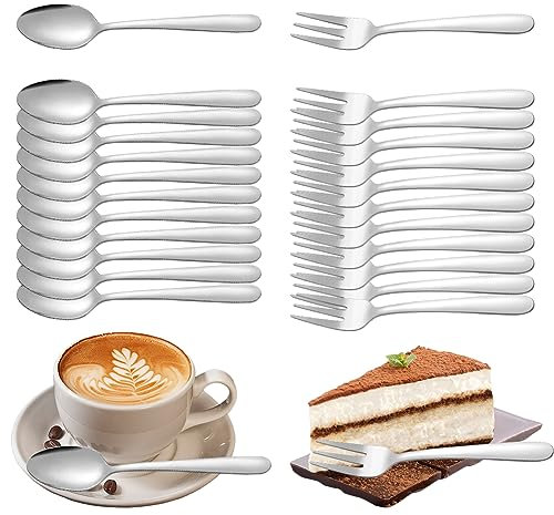 Gohytal Kaffeelöffel und Kuchengabeln Set 24 Stück, Kleine Löffel und Gabeln Set, Kaffeebesteck Edelstahl für Hochzeit, Geburtstag, Weihnachten, Spülmaschinenfest