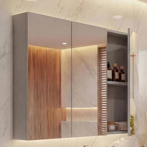 Mendler Spiegelschrank HWC-B19b 70x80x16cm - grau | Badschrank, Hängeschrank, 6 Regalböden, Hochglanz, FSC®-Zertifiziert