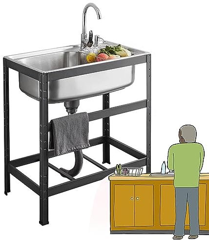KADEUX Lavabo di Utilità Mobile Esterno, Lavello da Cucina in Acciaio Inossidabile Lavello Commerciale 1 Vasca con Supporto E Rubinetto per Lavanderia Giardino Garage (Color : Single Cold, Size : 68