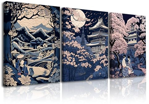 PIY PAINTING Paesaggio Quadri Stampa su Tela 30x40cm, Quadri Stile Giapponese Quadro Moderno Decorazione da parete per Cucina Camera da letto Ufficio Sala yoga, 3 pezzi, con Cornice Interna