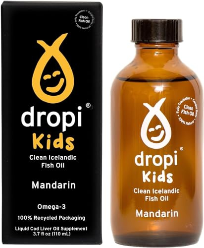Dropi Kids Omega 3 Fish Oil Liquid, Mandarin - Maximum Strength Omega-3s EPA, DHA, Vitamin A & D - Extra Virgin Cod Liver Oil Food Supplement - Immune System, Brain Health & Joint Support - 110ml