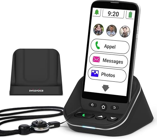 swissvoice - Smartphone S510-C + Ampli Base + Lanière Tour de Cou + Chargeur D'Appoint - Facile À Utiliser - Chargeur Haut-Parleur Inclus - Smartphone Senior 4G - Débloqué - Noir