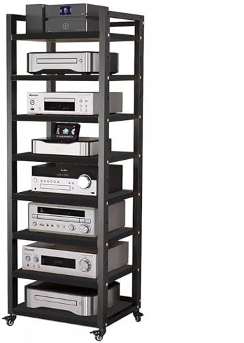 HDYZJQ HiFi Rack Rollwagen für Audiogeräte, 5, 6, 7, 8 Etagen, Schwarz – Medienregal für Radio – Stereoanlage – TV-Box – Kabelbox – WLAN-Router – Stereoschrank aus Holz(W50cm-8 Tier)