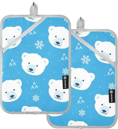 KLL Pot Holder Sets for Kitchen, 2 Pack Heat Resistant Potholders with Pockets Hot Pot Holders Pads Oven Pad, 9.8x7 Cute Polar Bear Snowflake