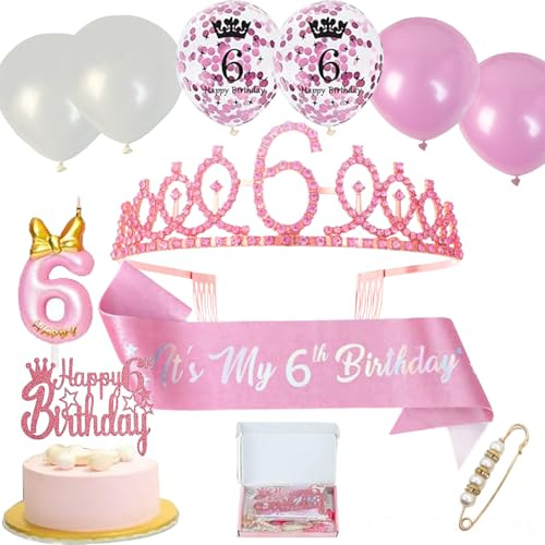 Neodtx Set Decorazione 6° Compleanno Bambina - Corona, Festone, Palloncini, Candela - 11 Pezzi Rosa per Festa 6 Anni