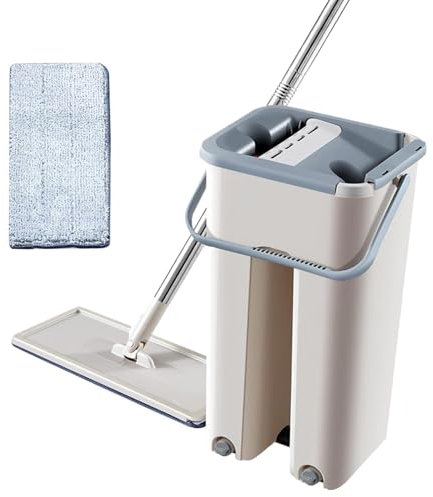 Balai plat, serpillière à presser et seau – Utilisation sèche et humide avec seau avec essoreur pour la maison, serpillère plate et système de seau