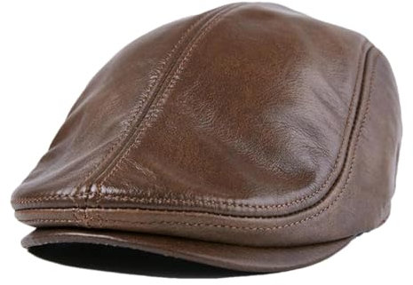 Herren Baskenmütze, warm, echtes Leder, Efeumütze, Entenschnabelhut, einfarbig, flache Ledermütze, braun, XL