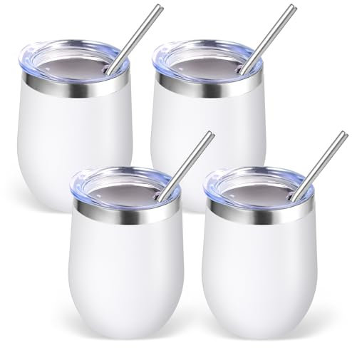Volhoply 12oz Stainless Steel Wine Tumbler with Lid Bulk 4 Pack,350ml Double Wall Vacuum Stemless Wine Glasses,Metal Travel Coffee Mug with Straw,Insulated Cup Gifts for Women,Christmas（White,4 Set）