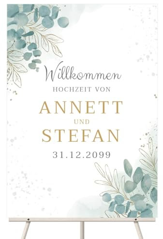 Personalisiertes Willkommensschild zur Hochzeit, Größe wählbar: DIN A3, A2 oder A1 - Eukalyptus Design - mit intensivem UV-Druck mit Ihren Namen, Datum und Text, 3mm Dick