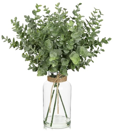 Hollyone Künstliche Eukalyptus Zweige mit Klarglas Vase, 35cm Gefälscht Pflanze Deko Eukalyptus Blätter für Hochzeit Tischdeko Büro Wohnzimmer Küche Dekoration