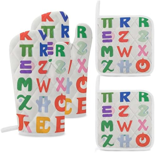Ofenhandschuhe und Topflappen-Sets mit englischen Buchstaben zum Kochen, Grillen, hitzebeständige Handschuhe, Topflappen, rutschfeste Kochhandschuhe für Küche, Backen, Grillen (4 Stück)