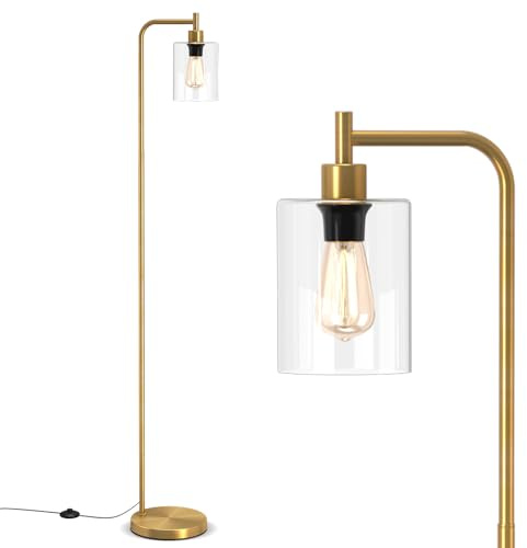 COSTWAY Industrial Floor Lamp, 1/3-Light Glass Lampshade Standing Lamps with Foot Switch, Tall Tree Floor Lighting for Living Dining Room Bedroom Office, Bulbs Not Included (1 Light, Gold)