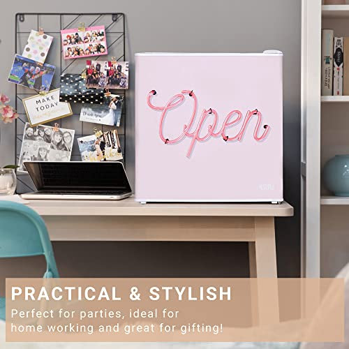 Kuhla Table Top Mini Fridge with Ice Box 45 Litre Adjustable Thermostat, Door Racks & Removable Shelf, Small Drinks Fridge Pink Open Door Design White KTTF0E6W-1025