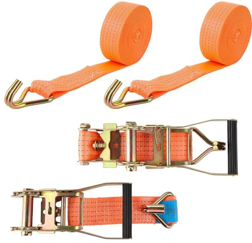 ASelected 2 Sets à 8 m × 50 mm Zurrgurt mit Ratsche, Orange, Ratschengurt mit Haken aus Polyester, Spanngurte mit Ratsche für Anhänger, Motorrad, Auto