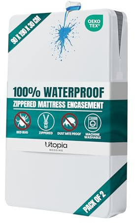 Utopia Bedding Zippered Mattress Encasement, Six-Sided Absorbent Cover, Waterproof Protector, Bed Bug & Dust Mite Proof (Pack of 2 - Single 90 x 190 x 30 cm)