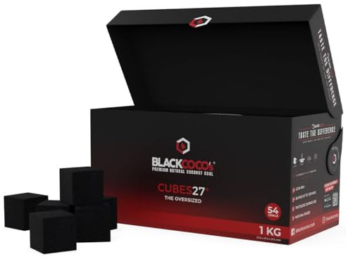 BLACKCOCO’s Shisha Kohle 1KG – CUBES27+ Premium Kokosnuss Naturkohle – Extra Lange Brenndauer, Wenig Asche – Perfekt für Shisha & BBQ
