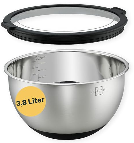 SILBERTHAL Edelstahl Schüssel mit Deckel 3,8L | 3,8l Rührschüsseln zum Servieren, Kochen, Backen, Aufbewahren - Rutschfester Boden