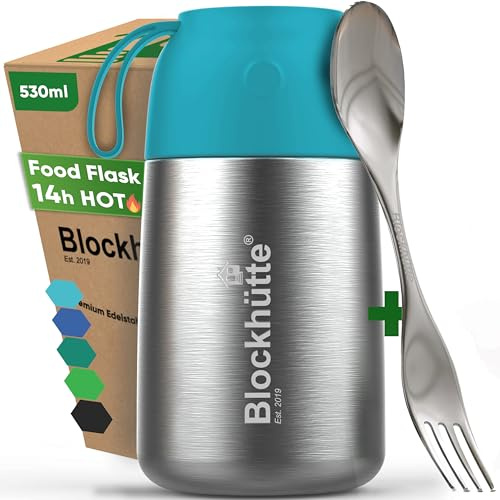 Blockhütte Edelstahl Thermo Lunchbox I 530 ml Essen mit Göffel - Thermobecher Essen To Go auslaufsicher