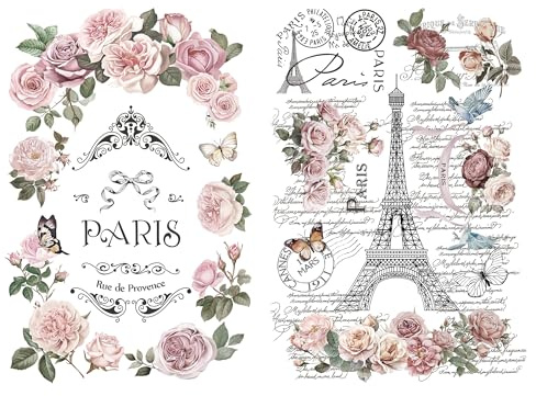 Joeyan Transfers para Muebles, 2 Piezas Grandes 42x30cm Pegatinas de Transferencia de Flores para Manualidades y Decoración DIY en Madera Vidrio Metal Lienzo Porcelana Papel Plástico, Rosa de París