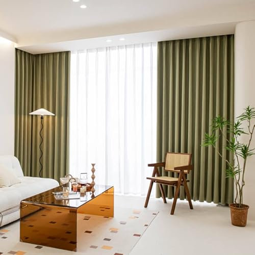 Mesnt Scheibengardinen Blickdicht, Matcha-Grün 96x160cm Einfarbig mit Fischgrät strukturiert Vorhang Blickdicht Thermovorhang Kälteschutz für Wohnzimmer Schlafzimmer, Pleat Hook