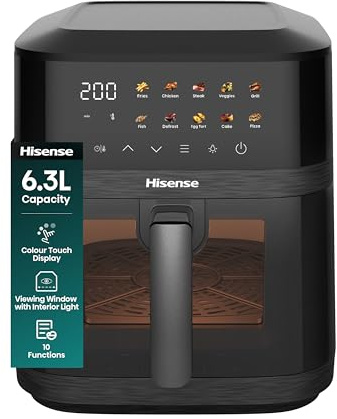 Hisense 6.3L Air Fryer - 1800W Energy-Saving Colour Touch Display Cooker with 10 Cooking Functions - Fries, Chicken, Steak, Veggies, Grill, Fish, Defrost, Egg tart, Cake,Pizza