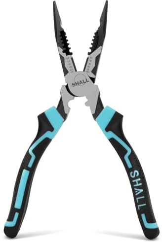 SHALL 7-in-1 Long Needle Nose Pliers, Wire Stripper/Cutter/Crimper and Spanner, 8” Long Nose Pliers for 20-12 AWG (0.8-2.0 mm), High Leverage Cr-V Multi Hand Tools for Electrician