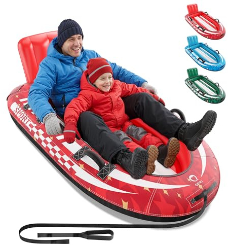 QPAU Trineo de nieve inflable para 2 personas con cubierta de lona de alta calidad, trineo de aire resistente con respaldo y asas reforzadas, tubos de nieve para niños y adultos, juguetes inflables de