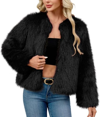 Mobeur Womens Winter Coats 2025 Elegant Fluffy Faux Fur Jacket Solid Fuzzy Cropped Cardigan Long Sleeve Open Front Jackets Trendy Outerwear for Party, Going Out, Wedding