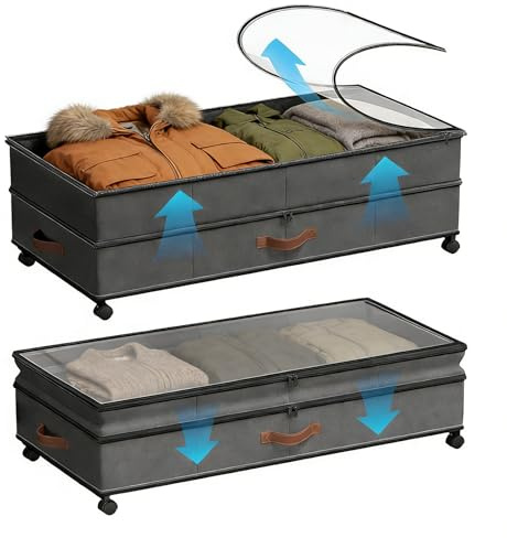 JAOGAUS Cajones de almacenamiento de cama con ruedas, paquete de 2 unidades, 72 L, XXL, ajustables, 25 cm de altura con tapa, caja de almacenamiento de dormitorio que ahorra espacio para ropa, zapatos