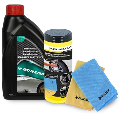 BM TOOLS Pack Lingettes Microfibre 35x35cm et Shampooing Lavage Cirage 1L Dunlop - Nettoie Protège, Brillance Auto, sans Traces