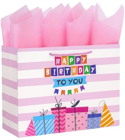 Ssyuysto Große Geburtstags-Geschenktüte, Rosa, Happy Birthday, Geschenktüten mit Seidenpapieranhängern, Kraftpapier, Party-Geschenktüte mit Seilgriffen für Damen, Herren, Teenager, Kinder
