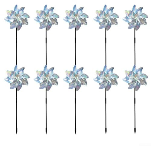 Lot de 10 moulins à vent réfléchissants argentés en PVC pour décoration de cour et de terrasse