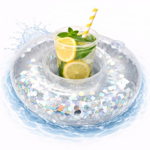 Dryckeshållare uppblåsbar luftmadrass, simring, simdäck för pool, cocktailhållare, ölhållare, bägare, burkshållare, bägarhållare, öl (ring glitter silver)
