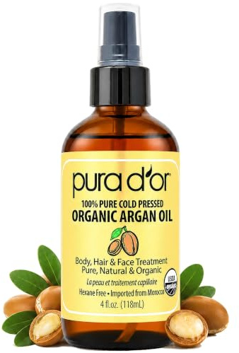 PURA D'OR 4 Oz Organic Moroccan Argan Oil – 100% Pure Cold-Pressed Virgin Grade – Lightweight Moisturizer for Skin, Face, Body & Hair Relaxer – Helps Dry Skin, Scalp Care, Split Ends, Nails & Cuticles