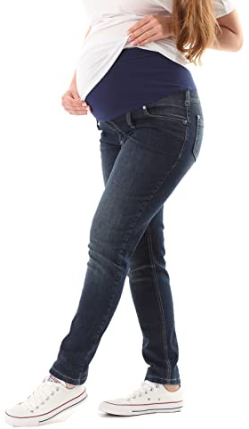Mija - Umstandshose mit Bauchband/Denim Rohrenjeans Slim Umstandsjeans 1049 (EU38 / Schrittlänge 85cm, Denim Blau)
