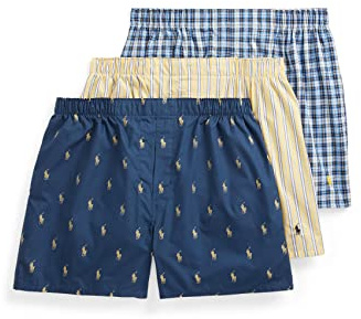 POLO Herr Ralph Lauren herr klassisk passform bomullsvävda boxershorts 3-pack, Rustik marinblå/campusgul, sommarrandig/kryssning marinblå, Sag Harbor Pläd/Pologul, L