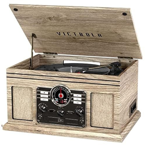 Victrola Nostalgic 6-i-1 Bluetooth-skivspelare och multimedia center med inbyggda högtalare – 3-växlad skivspelare, CD- och kassettspelare, AM/FM-radio | Trådlös musikströmning | bondgård havregryn