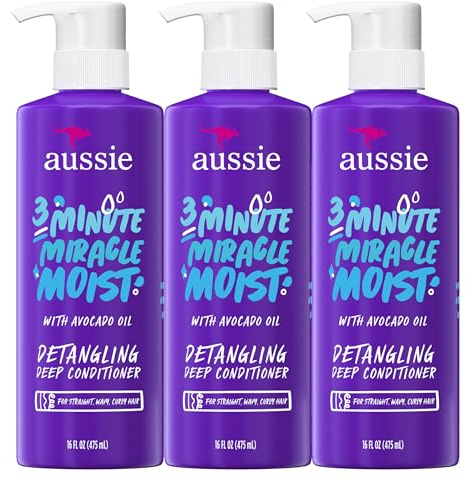 Aussie 3 Minute Miracle Moist Deep Conditioner for Dry Hair, Avocado & Jojoba Oil, Safe for Color Treated Hair, Nourishing Hydration, Silky Shine, Paraben-Free, 16 Fl Oz Each, Triple Pack