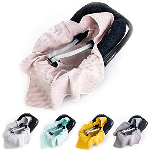 BABEES Einschlagdecke Kapuze Waffelstoff Baumwolle Waffelpiqué für Babyschale Autositz, Universal, Frühling Sommer Baby Decke für Kinderwagen Babytragen leicht (ROSA)