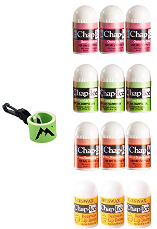 Chap-Ice® | 12-Count Assorted Mini Lip Balm Pack & 1 Lip Balm Keychain with Swivel Clip | Made in USA | 4 Flavors - Cherry, Citrus Orange, Kiwi Lime, & Beeswax (0.10oz/3g Each)