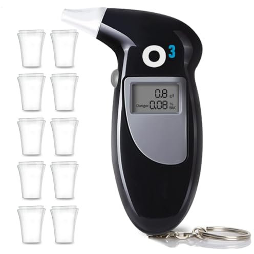 O³ Alcolimetro Homologado con Pantalla LCD - con 10 Boquillas - Probador de Alcohol Portatil - Alcolimetros Homologados para Volver A Casa Seguramente