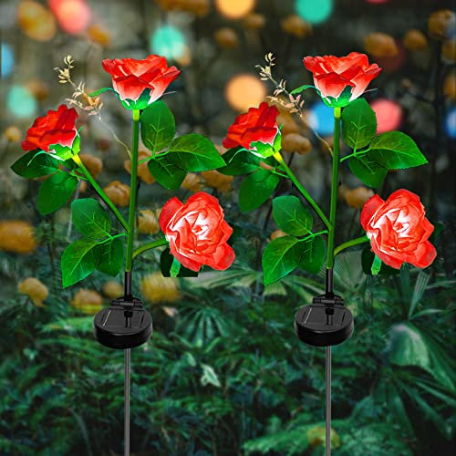 ZVO Luces Solares de Flores de Rosas, 2 Piezas 6 LED Luces Solares Exterior Jardín, IP65 Lampara de Jardín de Rosas Al Aire Libre, Iluminación Decorativa para Jardín, Patio, Entrada, Caminos(Rojo)